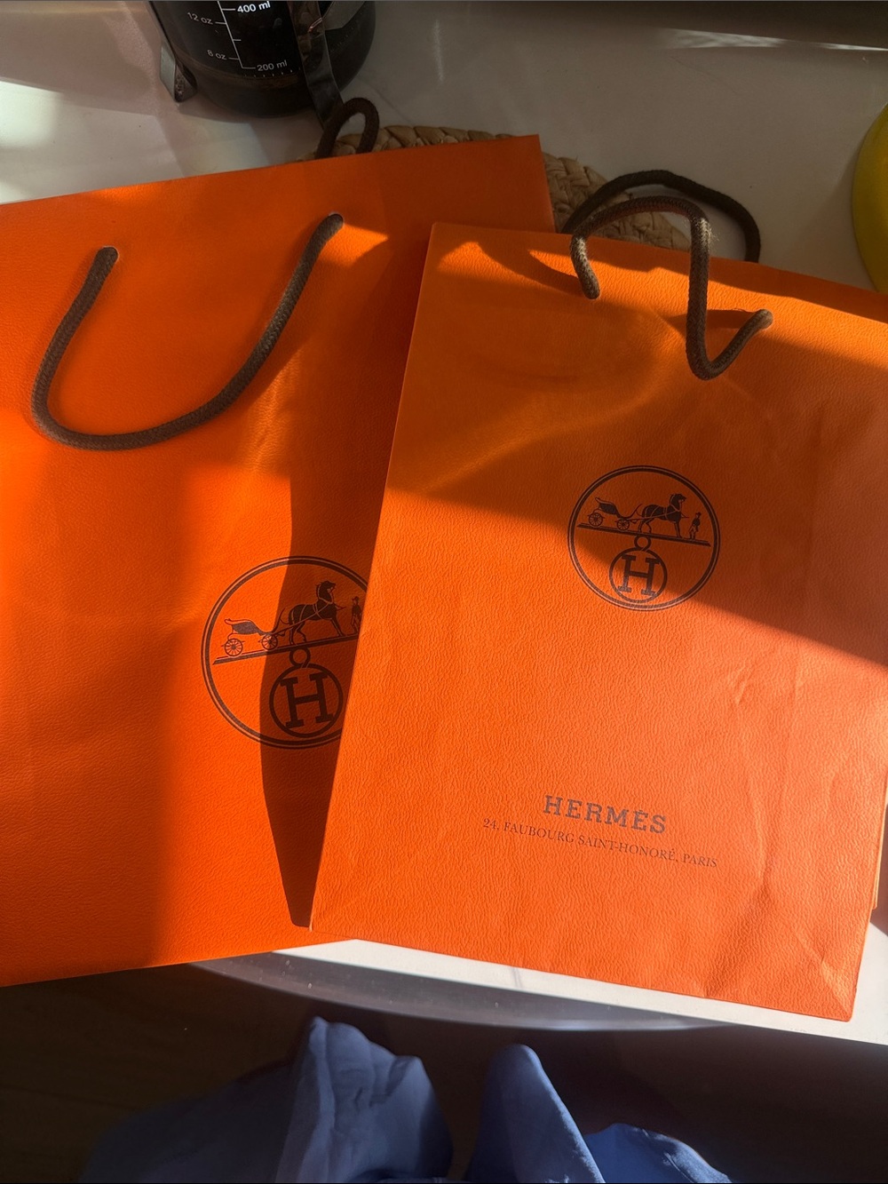 Hermes Orange Logo Shopping Bags with Rope Handles 1 small 1 medium